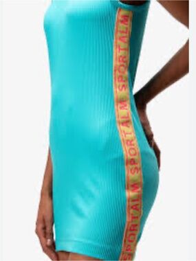 SPORTALM Austria Turquoise Rib-Knit Sporty Tank Mini Dress Neon Side Logo Stripe